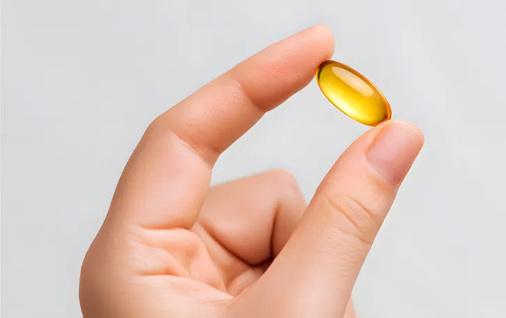 Vitamin D Aufnahme Nahrungsergänzungsmittel Eine gelbliche Pille zwischen Daumen und Zeigefinger einer Hand